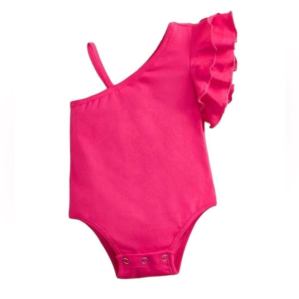 Adorable Baby Girl Pink Asymmetrical Ruffle‎ One-Piece Romper Size 12-18 Months